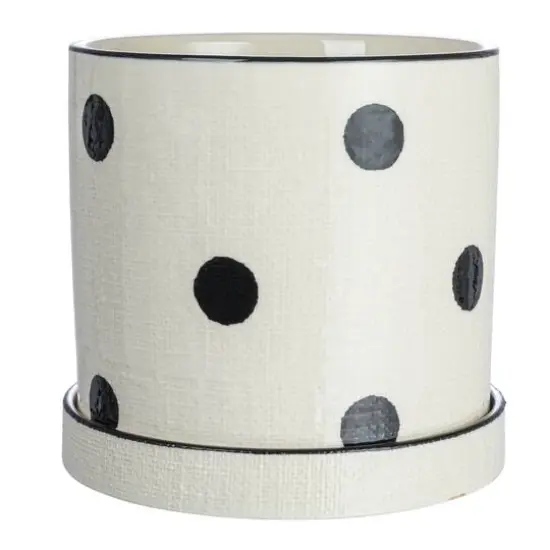 Hello Honey&reg; 7" Black and Ivory Textured Stoneware Planter with Polka Dots and Saucer {4}