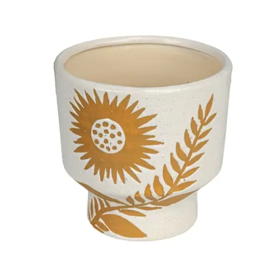 Hello Honey&reg; 5.5" White & Mustard Reactive Glaze Flower Stoneware Footed Planter {1}