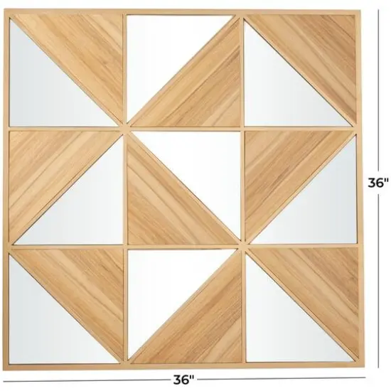 Light Brown Wood Triangle Mirrored Geometric Wall Decor 36" x 2" x 36" {6}