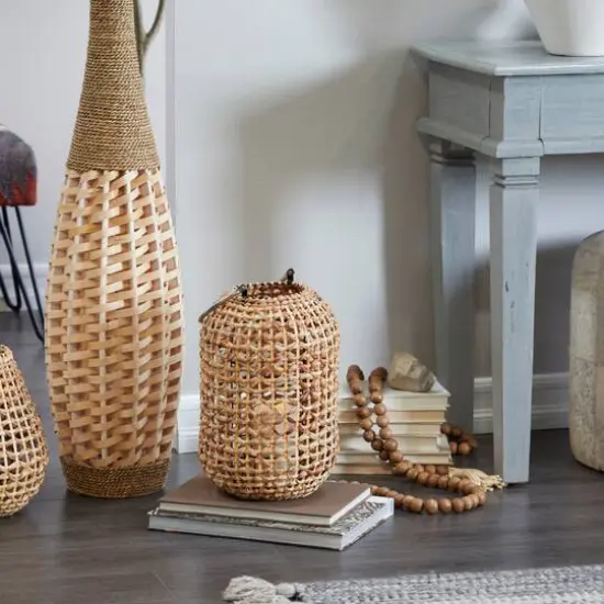 15" Brown Metal Handmade Candle Lantern with Glass Holder and Handle {7}