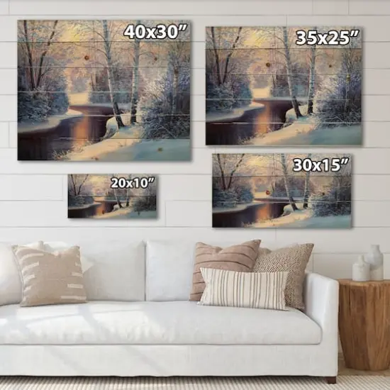 Designart Christmas Forest with River & Trees I Print on Natural Pine Wood {6}