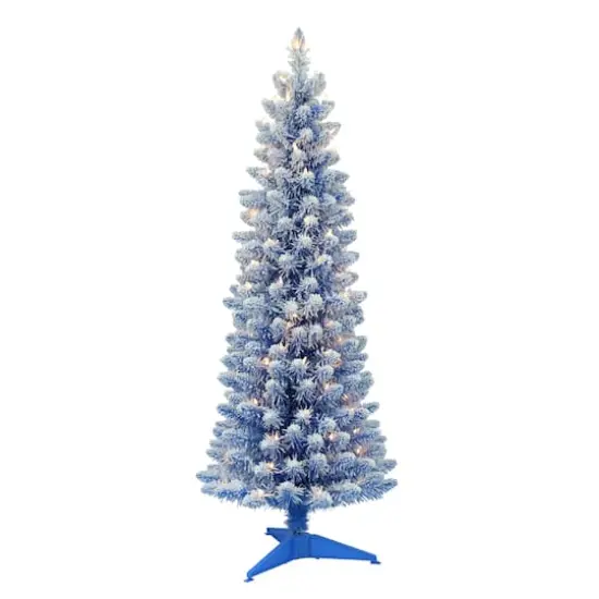4.5ft. Pre-Lit Flocked Fashion Blue Pencil Artificial Christmas Tree, Clear Lights {1}