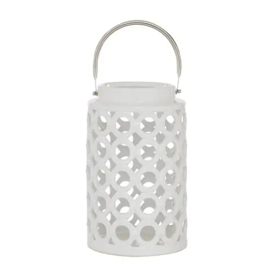 White Ceramic Contemporary Candle Holder Lantern, 11" x 7" x 8" {6}