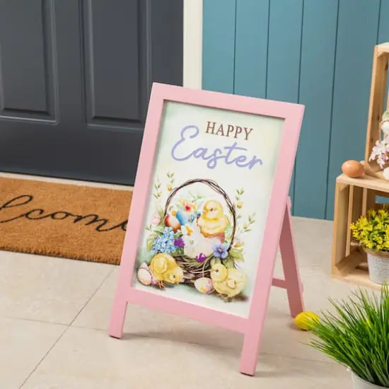 Glitzhome&reg; 23.75" Easter Wooden Chicks Easel Porch Sign {3}