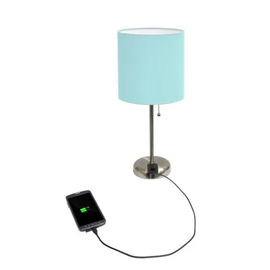 LimeLights 19.5" Stick Lamp with Charging Outlet and Fabric Shade Brushed Steel and Aqua {7}