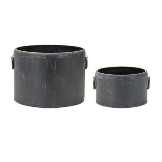 Round Distressed Metal Planter with Handles Set {1}