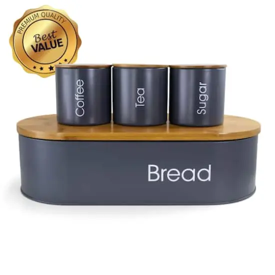 MegaChef Bamboo Kitchen Countertop Gray 4-Piece Metal Bread Basket & Canister Set {9}