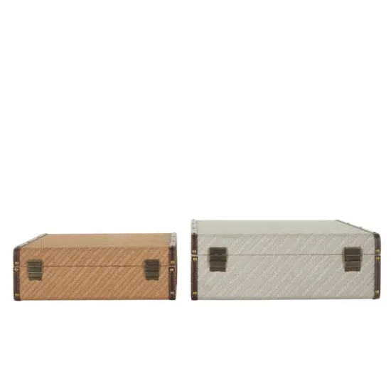 Taupe & Brown Vintage-Style Studded Woven Decorative Trunk Set {7}