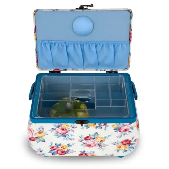 Dritz&reg; Bright Floral Medium Curved Sewing Basket With Tomato Pincushion {5}