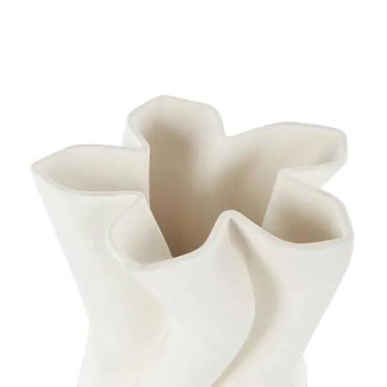 White Ceramic Abstract Ribbed Dimensional Wavy Vase with Floral Shaped Rim {6}