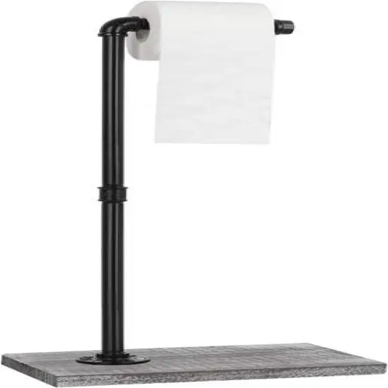 NEX&trade; Freestanding Iron Pipe Toilet Paper Holder with Solid Wood Base Gray white {1}