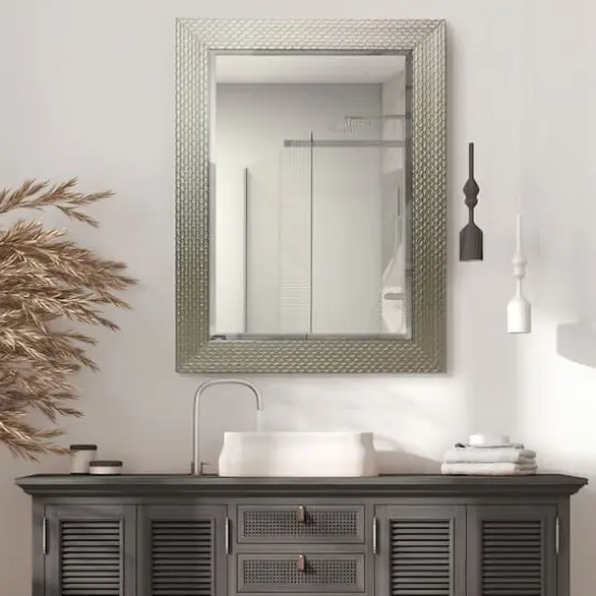 Head West 31.5" Silver Honeycomb Embossed Framed Beveled Wall Mirror {3}