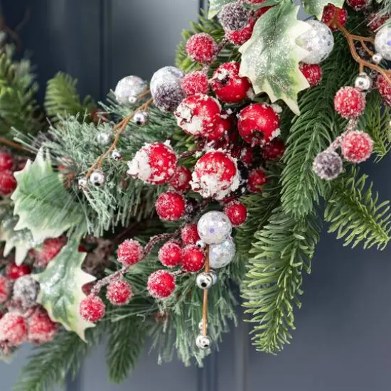 Glitzhome&reg; 24"D Christmas Red Pomegranate Berry & Holy Leaf Wreath {6}