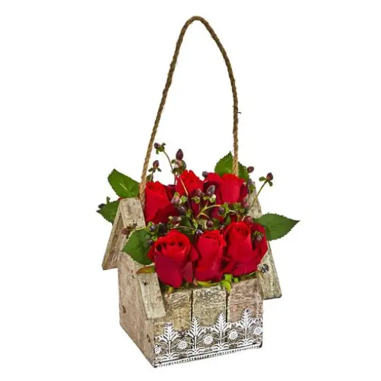 15" Elegant Red Rose Arrangement in Birdhouse Hanging Planter {1}