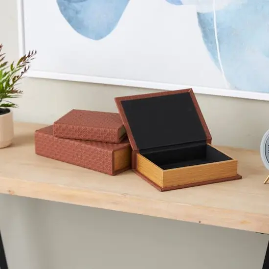 Faux Leather Geometric Woven Grid Book Storage Box Set Copper {9}