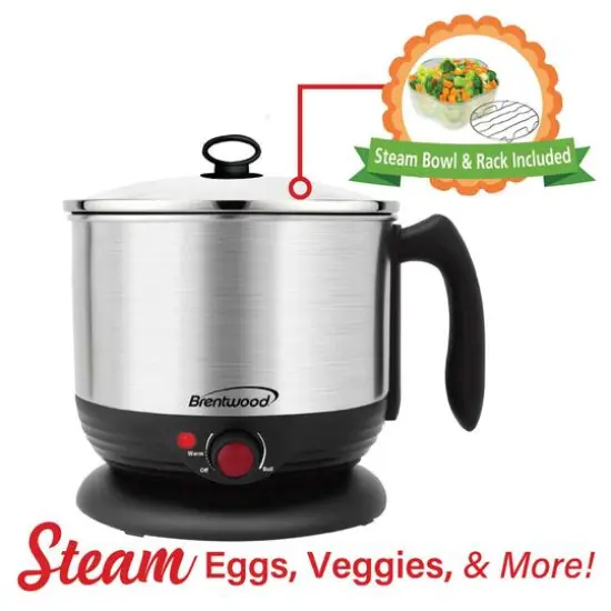 Brentwood Black 1.3qt. 600 Watt Stainless Steel Cordless Electric Hot Pot Cooker & Food Steamer With Swivel Base {6}