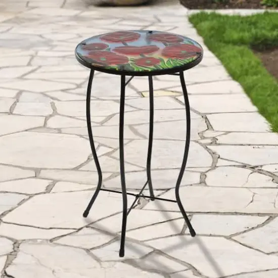 19" Red Floral Poppies Glass Patio Side Table {3}