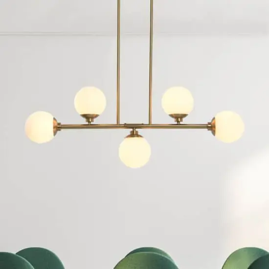 Hello Honey® Robert Stevenson Lighting Lorne 34" Brushed Gold 5-Light Metal and Frosted Glass Chandelier {5}