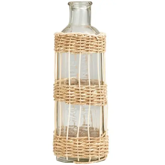 15" Clear Glass Handmade Vase with Light Brown Rattan Woven Body {5}
