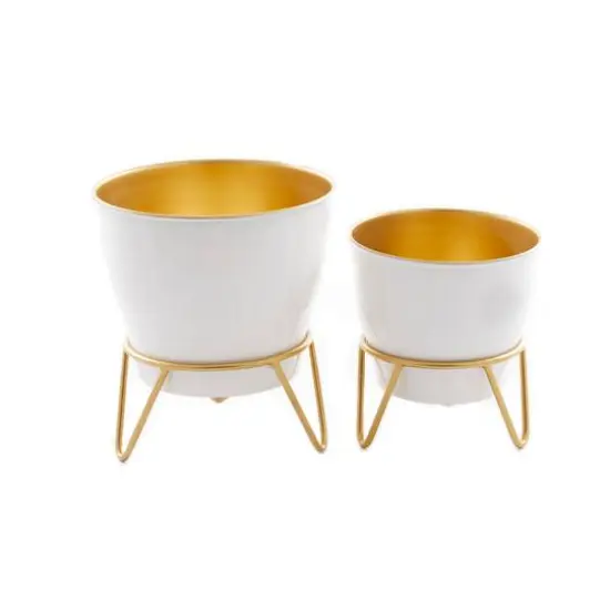 Set of 2 White Iron Modern Planter, 11" x 10" x 10" {7}