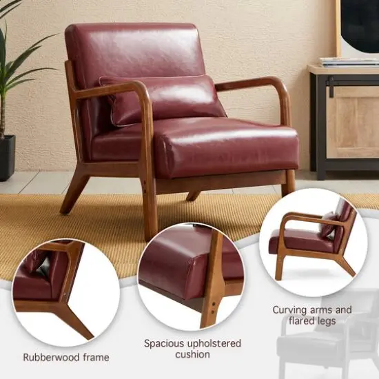 Glitzhome® Mid-Century Faux Leather Accent Chair Burgundy {8}
