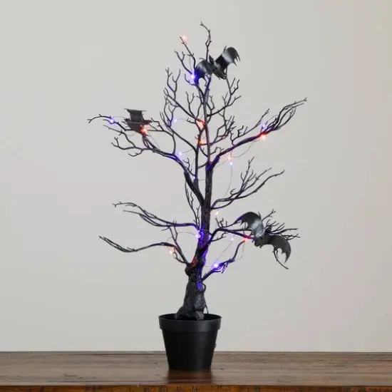 2ft. Pre-Lit Artificial Halloween Black Spooky Twig Tree with Bats and 40 Orange & Purple LED Lights {9}