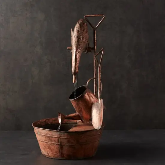 33" Brown Rustic Metal Fountain with Duck & Watering Can {3}