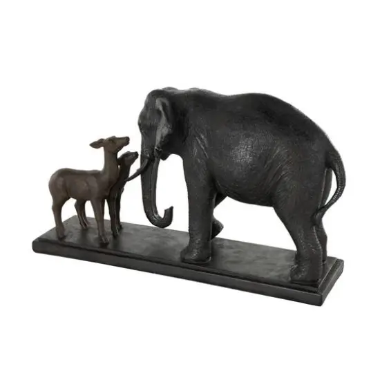 19.75" Black Elephant Walking Sculpture with Dark Brown Deer {7}