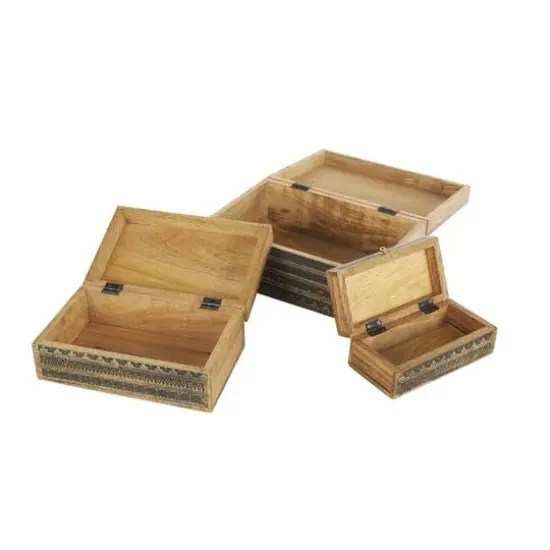 Brown Handmade Storage Box Set with Black Tribal Carvings & Gold Accents {10}