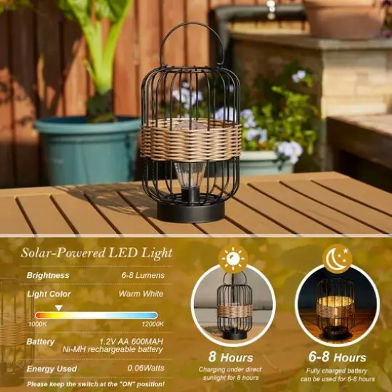 Glitzhome&reg; 11.75" Metal Wire Faux Rattan Solar Powered Outdoor Lantern {6}