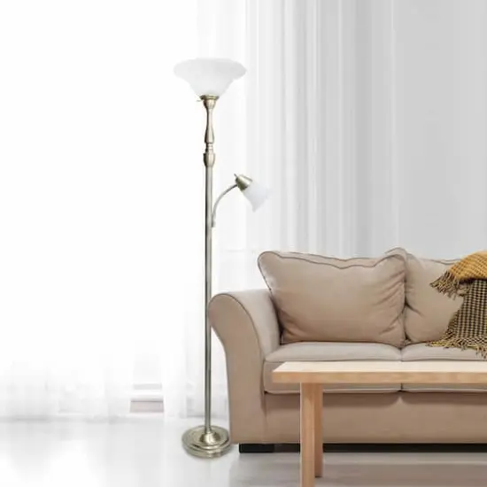 Lalia Home Torchiere Floor Lamp with Reading Light Antique Brass/White Shades {3}