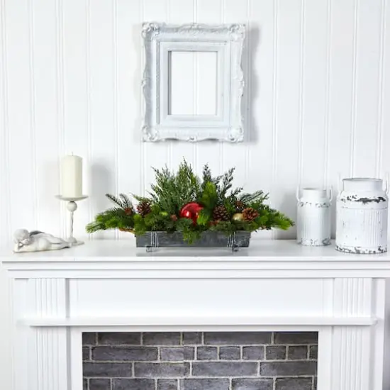 24" Cedar Pine, Pinecones & Ornaments Artificial Christmas Arrangement in Tin Vase {3}