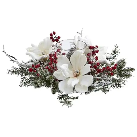 17" Frosted Magnolia & Berry Artificial Arrangement Candelabrum {1}