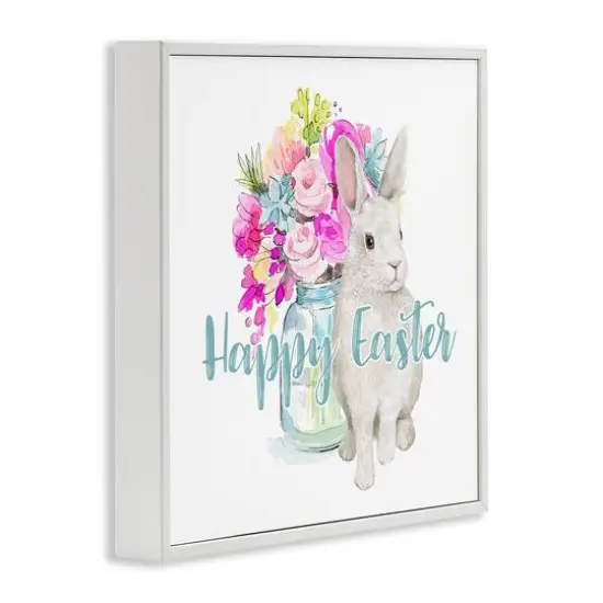 Stupell Industries Happy Easter Calligraphy Bunny Pink Flower Bouquet Framed Giclee Art White {4}