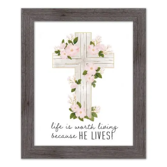 He Lives Floral Cross 16" x 20" Western Gray Framed Print {1}