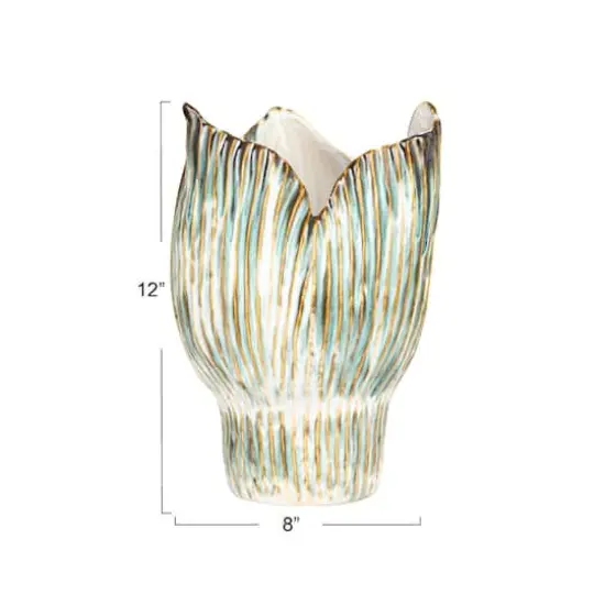 Hello Honey&reg; 12" Green & White Pleated Sculptural Stoneware Vase with Reactive Glaze {4}
