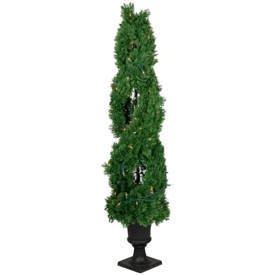 4.5ft. Pre-Lit Artificial Cedar Double Spiral Topiary Tree in Urn Style Pot, Clear Lights {5}
