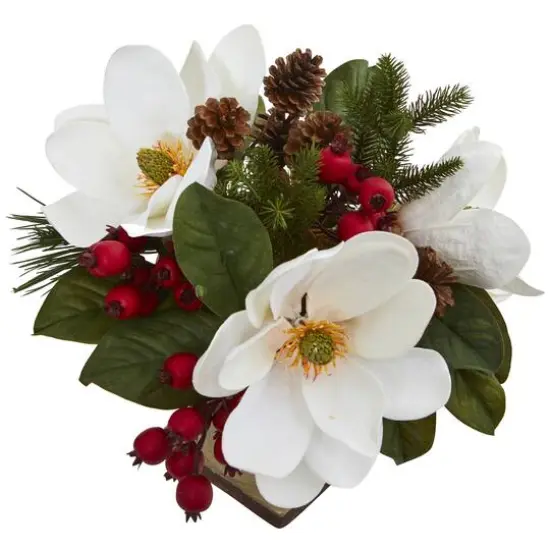 15" Magnolia, Pine & Berries Artificial Arrangement {3}