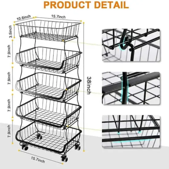 Black 5-Tier Fruit Basket Rolling Cart {3}