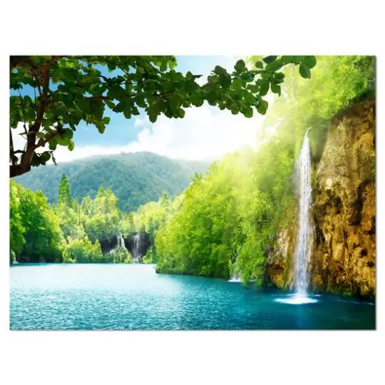 Designart - Waterfall in Deep Forest - Landscape Photography Canvas Art Print {1}