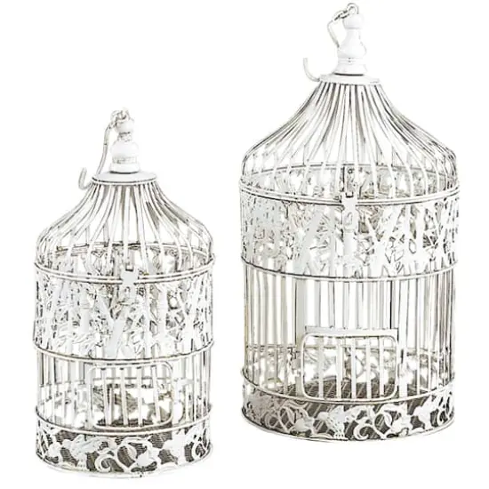 Vintage Distressed White Metal Floral Bird Cage Set {1}
