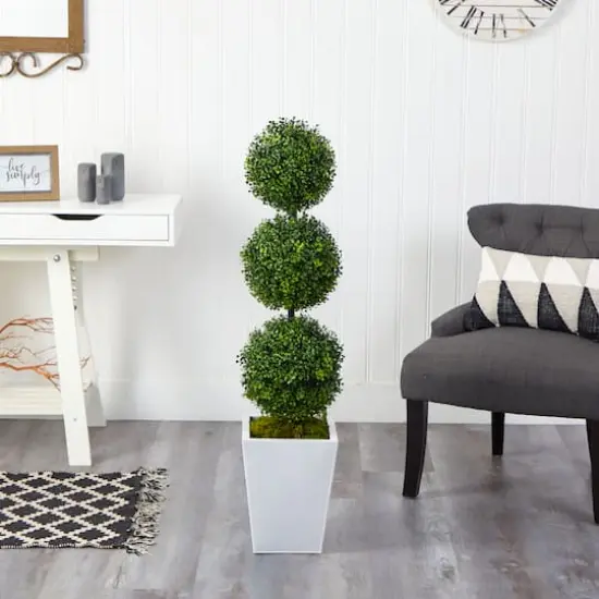 4ft. Boxwood Triple Ball Topiary Artificial Tree in White Metal Planter {4}