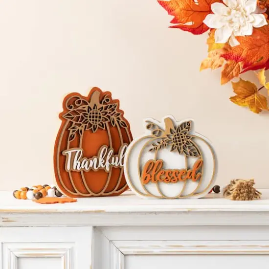 Glitzhome&reg; 8"H Thanksgiving Wooden Pumpkin Table Decor Set {5}