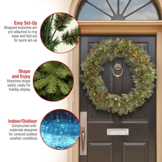 36" Crestwood Spruce Wreath with Silver Bristle, Cones, Red Berries & Glitter with 200ct. Clear Lights {6}