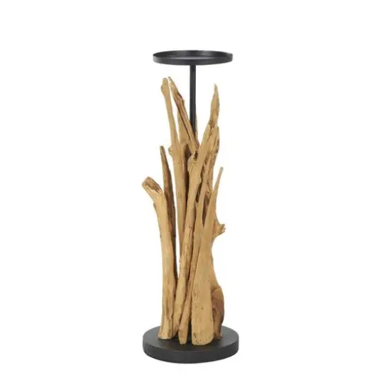 31" Brown Teak Wood Handmade Tall Tree Branch Floor Candle Holder with Black Metal Accents {3}