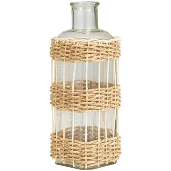 13" Clear Glass Handmade Vase with Light Brown Rattan Woven Body {3}