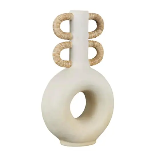16" Cream Round Speckled Vase with Woven Inspired Arched Handles & Cutout Opening {5}