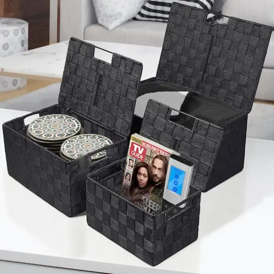 Sorbus 3-Piece Woven Basket with Lid Set Black {3}