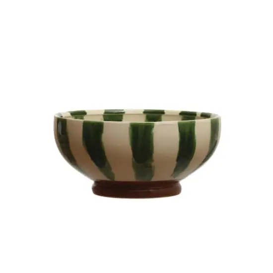 Hello Honey&reg; 10.5" Round Hand-Painted Stoneware Footed Bowl with Stripes & Reactive Glaze {3}