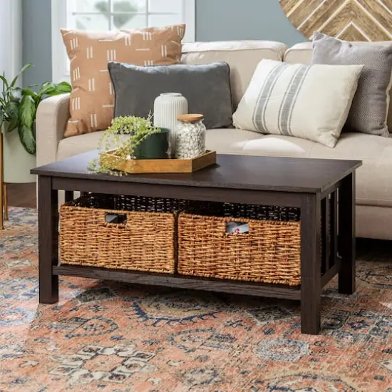 Walker Edison 40" Espresso Mission Storage Coffee Table with Baskets {5}